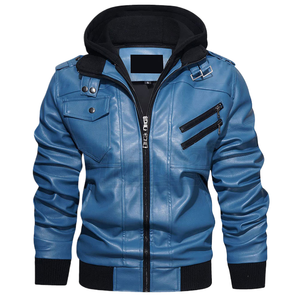 Veste en cuir PU bleue pour homme avec capuche, manches longues, coupe-vent, style automne - Product Image 5