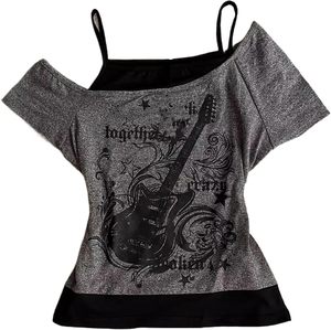 T-shirt court imprimé pour femme de qualité supérieure, col rond, en coton tricoté et élasthanne, respirant, coupe ajustée, décontracté, tendance - Product Image 2