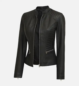 Chaqueta de Motociclista de Cuero Sintético PU Negra para Mujer, Manga Larga, Cuello Alto, Cierre de Cremallera, Color Sólido, para Otoño - Product Image 1