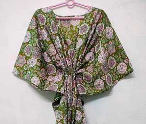 Vestido Kaftán Vintage de Algodón con Estampado Floral y Encaje, Largo hasta la Rodilla, Hecho a Mano, para Playa - Product Image 4