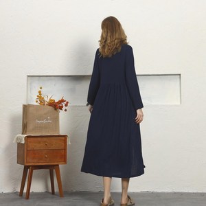 Luxury Navy Blue Plain Cotton Linen Maxi <b>Dress</b> With Button Down Mandarin Collar <b>Loose</b> Fit Full Sleeve Summer Casual <b>Dress</b> - Product Image 3