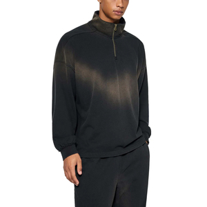 T-shirt Homme Streetwear Vintage Personnalisé Oversize Teint à la Cire Col Demi-Zip Manches Longues Effet Délavé - Product Image 3