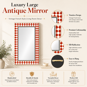 Luxury Large Decorative <b>Wall</b> <b>Mirror</b> | Vintage French Style Home Decor | Handcrafted Designer Accent <b>Mirror</b> Red White Pattern - Product Image 5