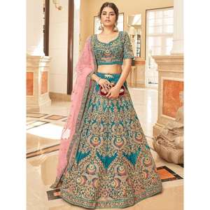 Magnifique vêtement de mariée en velours brodé bleu sarcelle Lehenga Choli pour vêtements de mariage - Product Image 6