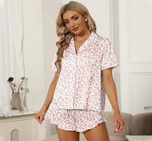 Conjunto de Pijama de Satén para Mujer, Manga Corta, Pantalones Cortos, Verde, Elegante, Cintura Elástica, Cuello Camisero, Corte Medio, Secado Rápido, Suave - Product Image 6