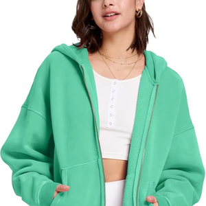 Sudadera con capucha de punto para mujer, informal, con cremallera, a la moda, deportiva, holgada, de manga larga, color verde claro - Product Image 1
