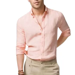 Setelan kaus linen kasual untuk pria, kemeja modis dan serbaguna berkualitas tinggi klasik dan berkualitas tinggi, tampilan elegan layanan OEM kasual cerdas untuk pria