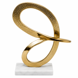 Sculpture abstraite moderne de luxe en aluminium doré avec base en marbre blanc naturel pour la décoration du salon et des bureaux d'hôtel - Product Image 1