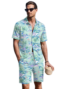 Conjunto de camisa y pantalones cortos Aloha para hombre, conjunto tropical con botones para la playa - Product Image 1