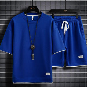 Mens Casual Solid Color Summer Two Piece Shorts Suit Loose 2 Piece Waffle T-shirt Short Set <b>Tracksuit</b> - Product Image 6