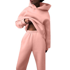 Conjunto deportivo de dos piezas para mujer, personalizable, de algodón grueso 100%, estilo oversize, para invierno, de color sólido. - Product Image 3