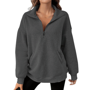 Sweat-shirt molletonné oversize à manches longues pour femme, demi-zip, anti-boulochage, décontracté, avec logo personnalisable imprimé sur le devant, idéal pour l'automne - Product Image 1
