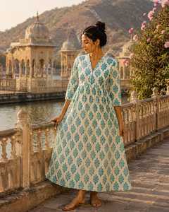 Bohemian Floral Printed Cotton Vintage Eco-Friendly <b>Dress</b> Natural Waist <b>Elastic</b> Closure Long Sleeve V-Neck Maxi - Product Image 4