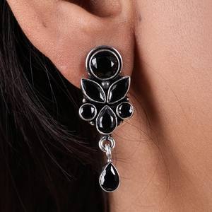 Pendientes Colgantes Florales Bohemios de Latón Oxidado Plateado con Circonitas para Mujer |   Joyería llamativa para fiestas con engaste de bisel, ideal para regalo - Product Image 5