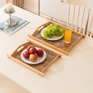 Bandeja de Servir Ecológica de Bambú con Decoración de Incrustaciones de Mármol |   Bandeja de Desayuno de Madera Natural con Asas - Product Image 1