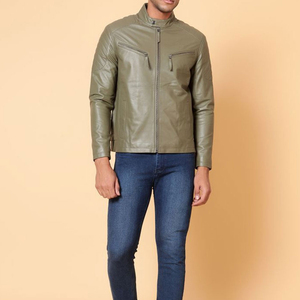 Men's Olive Green Genuine Leather <b>Waterproof</b> Eco-Friendly Moto <b>Jacket</b> Stand Collar Zipper Closure Slim Fit Solid Color Autumn - Product Image 1