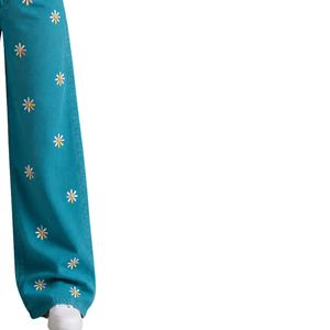 Vaqueros anchos de mujer con bordado floral en color verde azulado, de cintura alta, corte holgado, estilo baggy, pantalones de mezclilla informales para streetwear, personalizados OEM. - Product Image 4