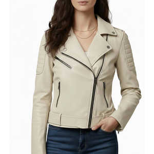 Veste courte en cuir d'agneau beige classique de qualité supérieure pour femmes Leathertex - Taille XS pour la saison d'automne - Product Image 2