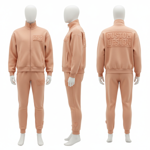 Custom Design Men's Brown <b>Tracksuit</b> Full Zip Stand Collar Sweatshirt Jogger Pants Embossed Logo Casual Autumn Wear - Product Image 2