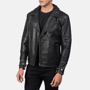 Men's Black Genuine <b>Leather</b> Cowhide <b>Leather</b> <b>Jacket</b> Turn-down Collar Zipper Closure Slim Fit Autumn Wear - Product Image 4