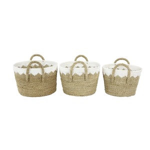 Set of 3 seagrass <b>baskets</b> with white patterned stitching Handmade <b>Storage</b> <b>Basket</b> Wholesale eco-friendly Made in Vietnam - Product Image 5