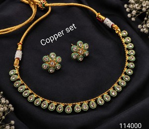 Indian Traditional Kundan Meenakari Copper Base Necklace <b>Set</b> Gold Plated Green Enamel Teardrop Choker with Floral Stud Earrings - Product Image 1