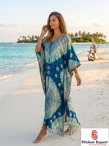 Bohemian Tie Dye Kaftan Dress Women Loose Batwing Sleeve <b>Ankle</b> Length Summer Beach Cover Up Viscose Polyester - Product Image 5