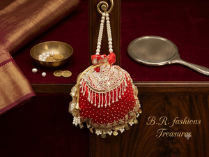 Red Silk Beaded <b>Pearl</b> Tassel Chain Strap Luxury Potli Evening <b>Bag</b> Embroidered Bridal Clutch Handmade Wedding Party Purse - Product Image 1