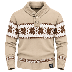 Pull tricoté décontracté pour homme, col châle, motif à carreaux beige, marron et blanc, manches longues, pull d'hiver avec logo frontal, vente en gros de tricots - Product Image 1