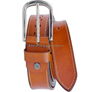 Designer Hand <b>Punch</b> Tan Genuine Leather Men's Fashion Casual Belt with Durable Strong Edge Stitching and Nickel Brass Buckle - Product Image 1