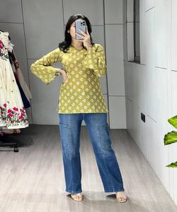 ชุดคุร์ตีผ้าฝ้ายแคมบริกทันสมัย พิมพ์ลายดอกไม้ด้วยมือ สวมใส่ได้ทุกวัน หรูหรา สไตล์ชาติพันธุ์ สีเหลือง - Product Image 3