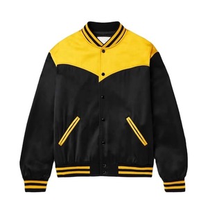 Men's Varsity Jacket Black Yellow Color Blocking Turn-down Collar Regular Fit Autumn Wear Pu Material Button Closure - Product Image 1