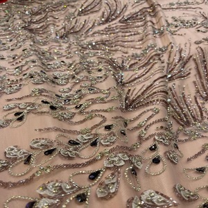 Premium Mesh Lace <b>Fabric</b> With Heavy Beads And Sequins Embroidery For Wedding Dresses Party Wear Luxury Fashion Garments - Product Image 1
