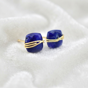 Wholesale Ratnarachit Fashion Jewelry 18K <b>Gold</b> Plated Dyed Sapphire Square Gemstone Wire Wrapped Dainty Stud <b>Earrings</b> for Women - Product Image 1