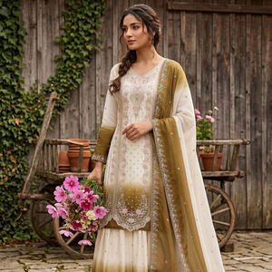 Indian <b>Sequin</b> Embroidered Sharara Kurti Set Pakistani Designer Ethnic Wear 3 Pcs Stitched Combo Georgette <b>Fabric</b> - Product Image 1
