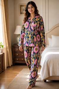 100% Cotton Women's Floral Printed V-neck Night <b>Suit</b> Set <b>Pajama</b> | Soft Breathable Lightweight Long Sleeve Sleepwear - Product Image 3
