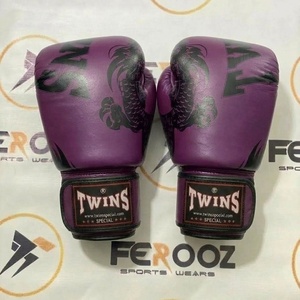 Muay Thai Adults Training Kickboxing Twins Purple Leather Boxing <b>Gloves</b> With Dragon Print Hook N Loop Wrist Closure - Product Image 1