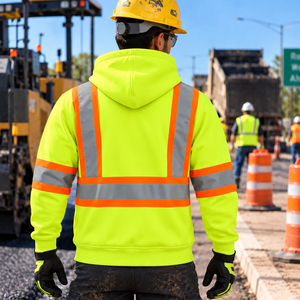 High Visibility Reflective Safety <b>Hoodie</b> with Zipper Pockets Custom Workwear Yellow <b>Orange</b> Stripe Design - Product Image 3