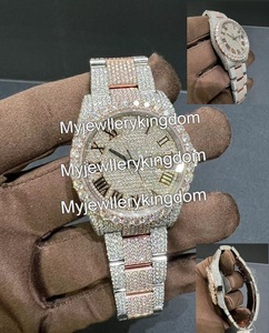 Montre pour homme de luxe tendance, plaquée or rose 18 carats, en acier inoxydable, avec diamants en moissanite, style hip-hop, avec bracelet en platine - Product Image 2