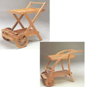 Carrito de madera maciza con bandeja de servicio y estante para botellas, juego de carrito de madera maciza, muebles de Patio y jardín al aire libre 6