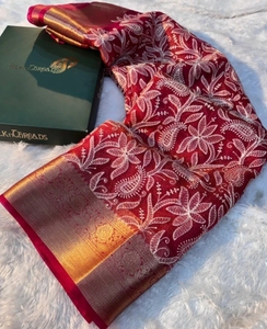 KV Traditional Embroidered Banarasi Silk Organza <b>Saree</b> (<b>Red</b>) for Party - Product Image 2