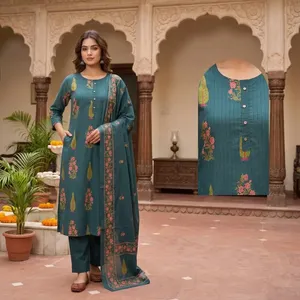 Women Teal Green Discharge Cotton Straight Kurti <b>Pant</b> Dupatta Set Floral Printed <b>Three</b> <b>Quarter</b> Sleeve Ethnic Traditional Wear - Product Image 2