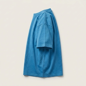 T-shirt à épaules tombantes, T-shirt court, T-shirt homme uni à col rond et manches courtes, coupe classique, décontracté, en jersey de coton bleu - Product Image 5