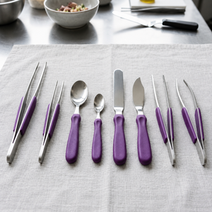 10-Piece Purple Handle <b>Utensil</b> <b>Set</b> Metal Spoons Knives Tongs Anti-Slip Grip Professional Food Plating Tools Altomme Instruments - Product Image 1