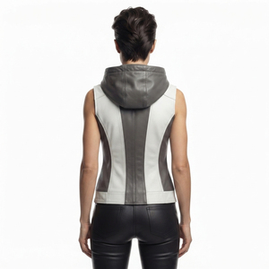 Chaleco con capucha de cuero con cremallera para mujer, venta al por mayor, chaleco sin mangas de cuero para mujer, chaleco con capucha de cuero con bolsillos para niñas - Product Image 2