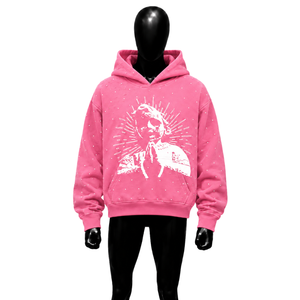 Sweat-shirt à capuche rose avec motif abeille en strass, coupe oversize, streetwear, en coton délavé, unisexe, mode urbaine décontractée - Product Image 1