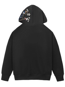Men's <b>Black</b> Hooded Zip-Up <b>Sweatshirt</b> With Floral Bird Embroidery Regular Fit Casual Autumn Wear - Product Image 2