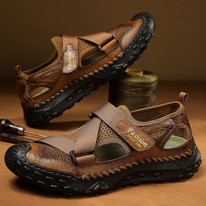 New Summer Men's Open Toe Beach Outdoor Slip-On Slippers Hand Stitched Hollow Breathable Mesh Casual <b>Shoes</b> - Product Image 2