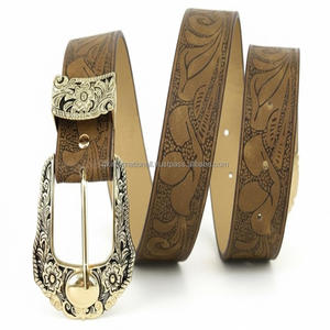 <b>Western</b> Embossed Floral Punk Style Genuine Leather hand tooling <b>Belt</b> designer Buckle Handmade Tooling Men's Leather <b>Western</b> <b>Belt</b> - Product Image 2