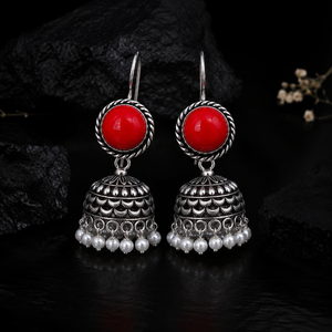 Boucles d'oreilles Jhumka vintage rouges oxydées avec pampilles de perles, bijoux indiens traditionnels, fabricant en gros - Product Image 6